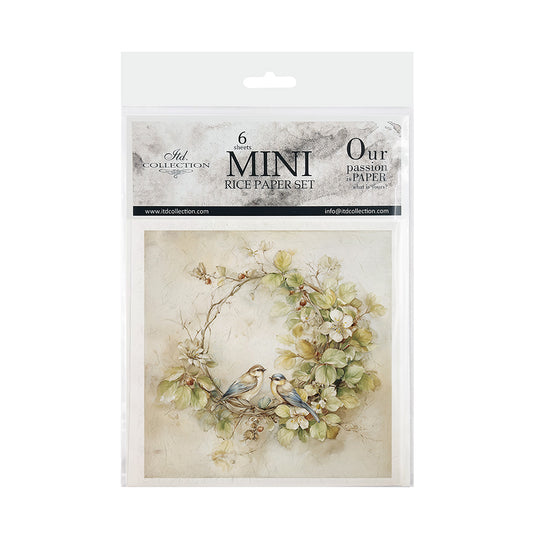 Package of mini rice paper set with floral design and birds on a white background