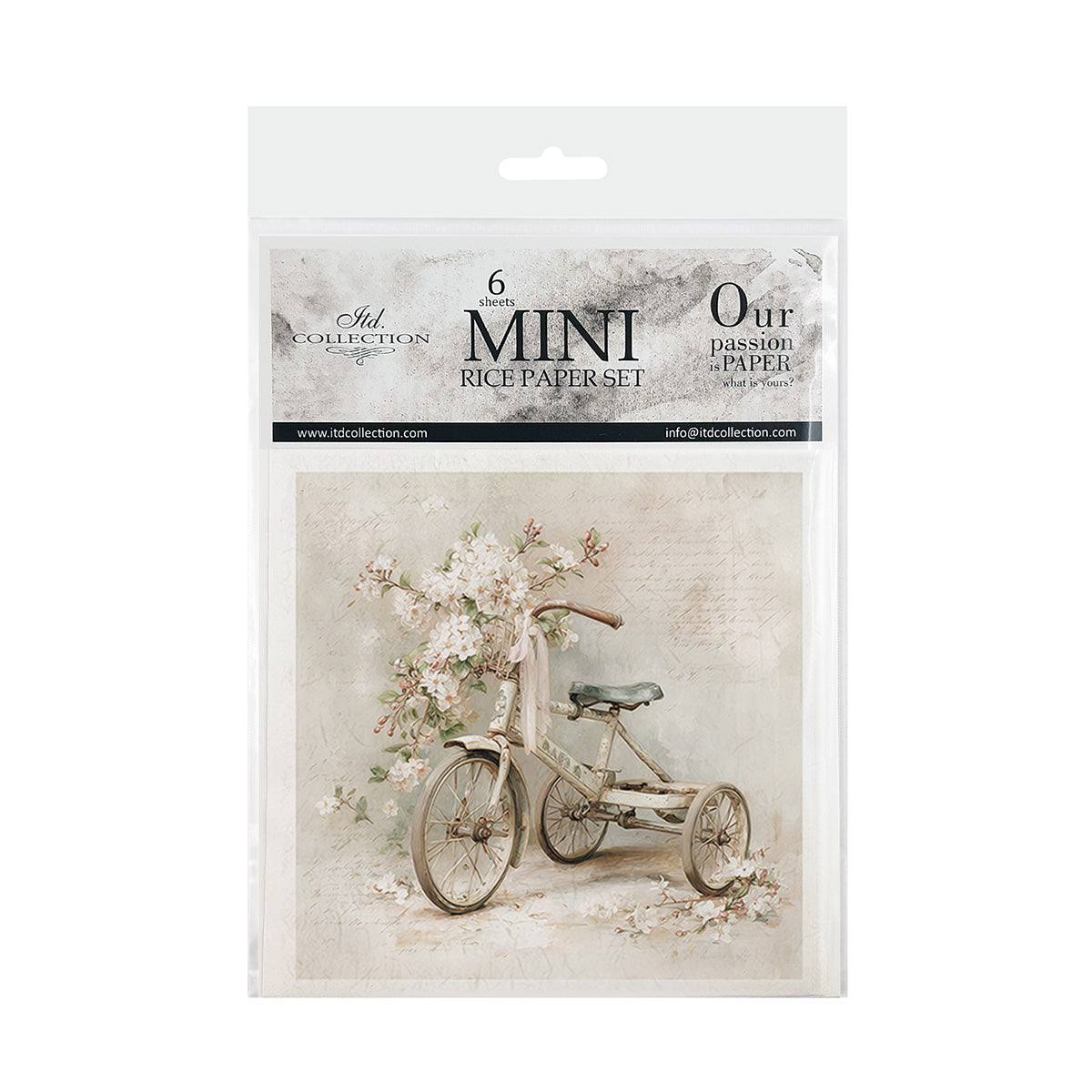 Package of mini rice paper set with a vintage tricycle and floral design on a white background.