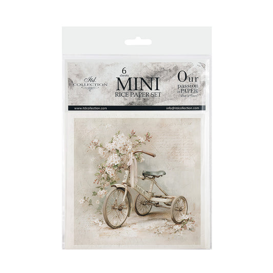 Package of mini rice paper set with a vintage tricycle and floral design on a white background.