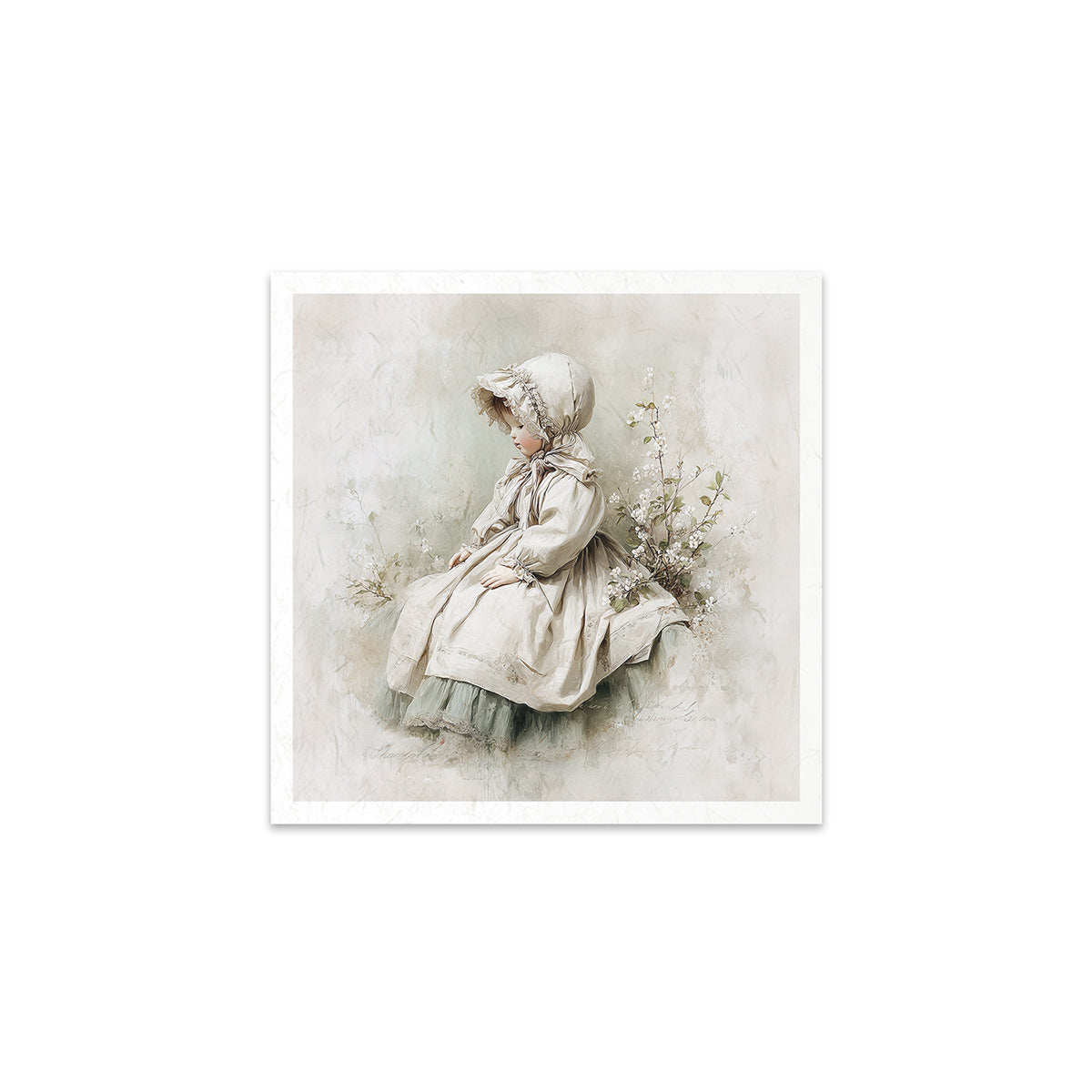 Little girl in a vintage dress sitting with flowers on a textured background