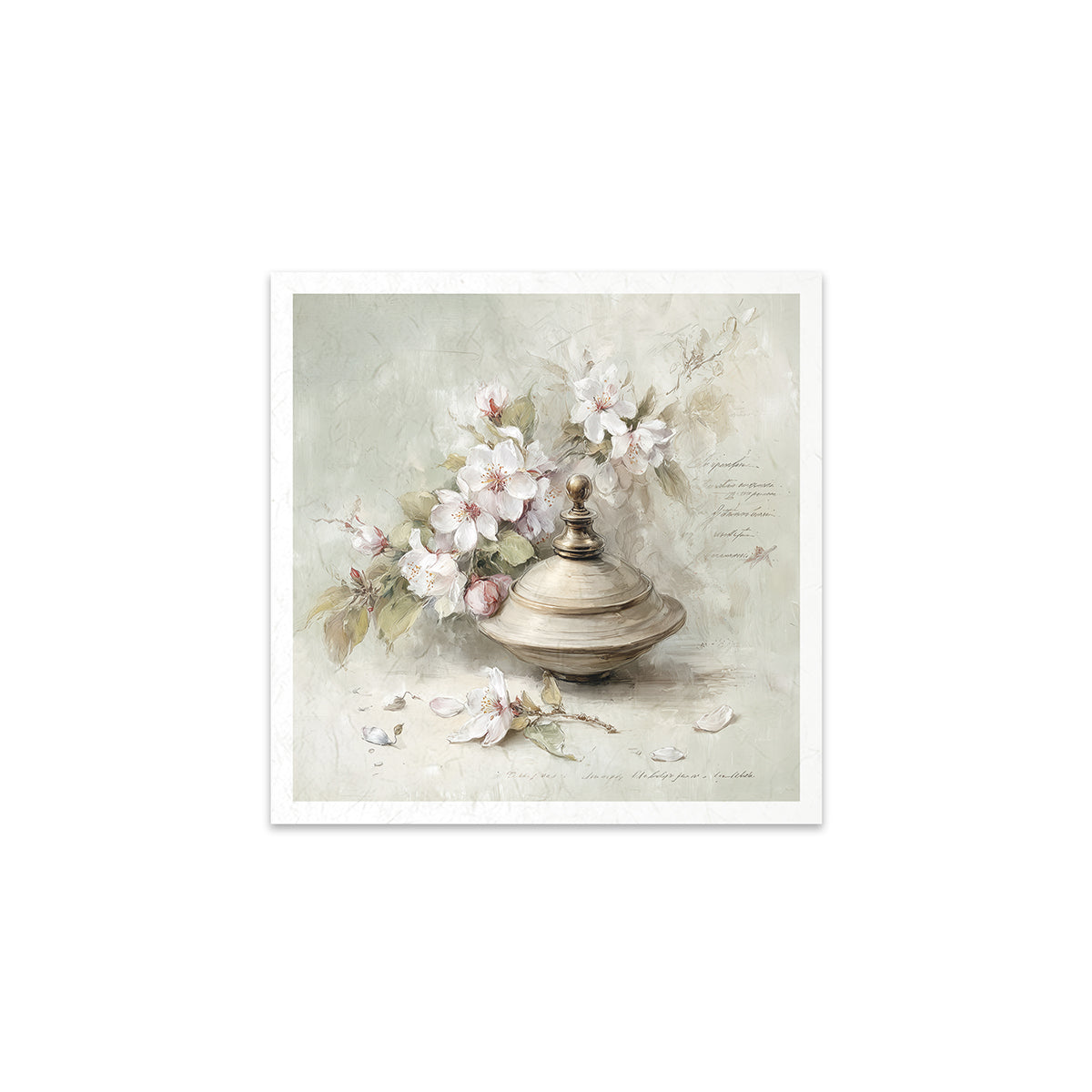 Decorative print of a floral arrangement with a old toy on a light background