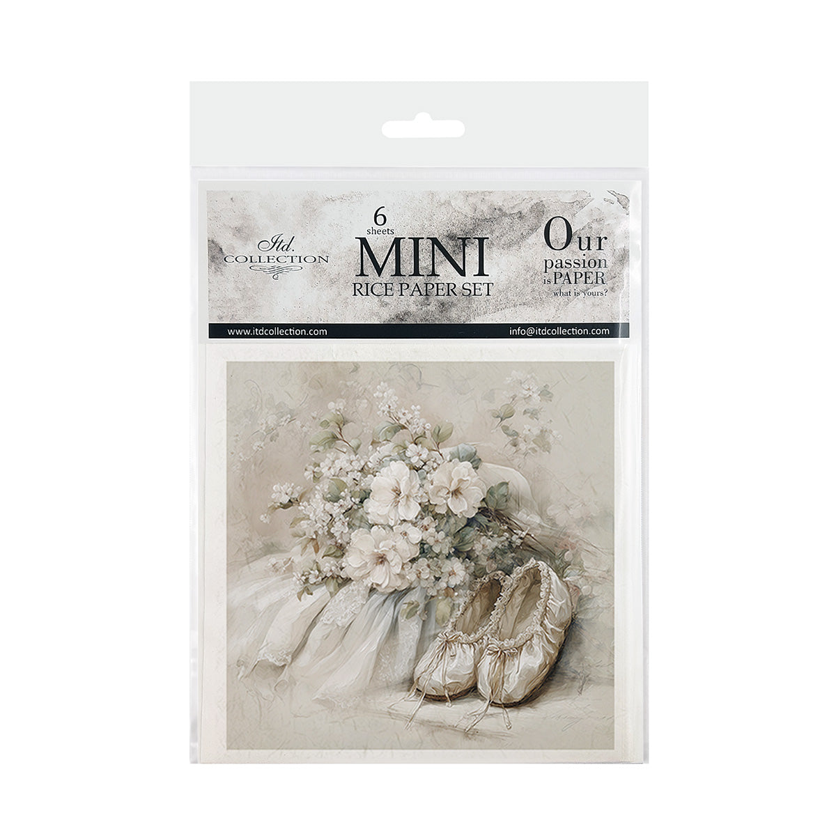 Packaging of mini rice paper set with floral design and text on a white background
