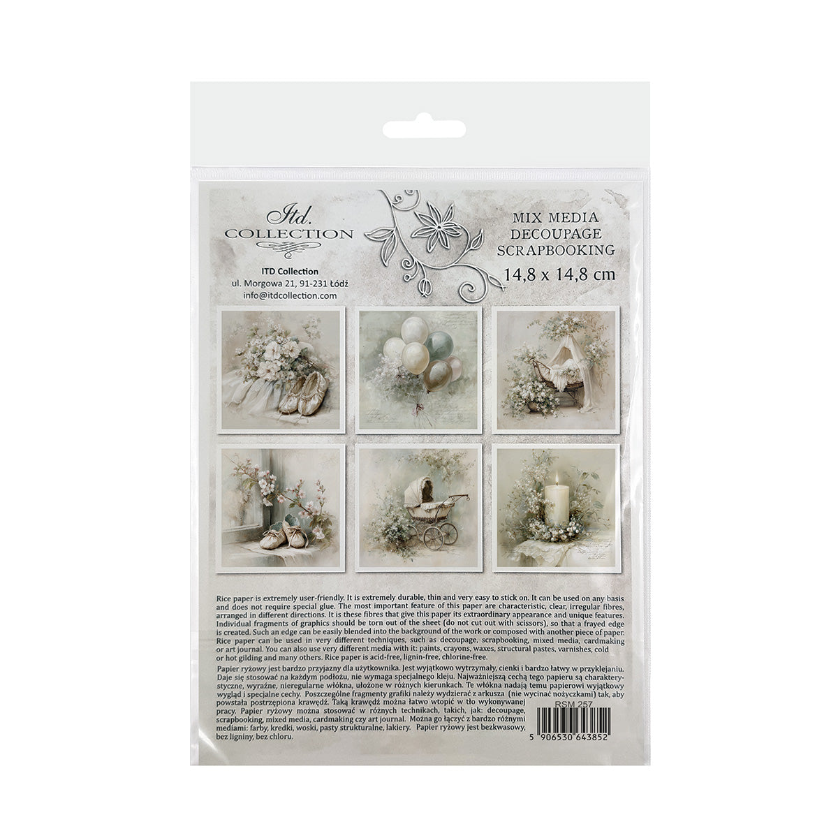 Packaging of decoupage rice paper with images of vintage scenes.
