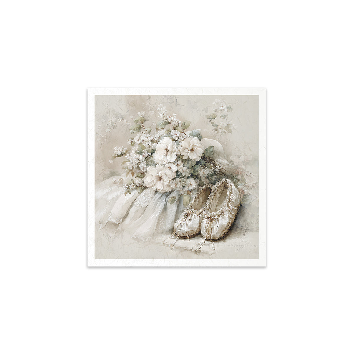 Illustration of a bouquet of flowers and ballet shoes on a textured surface