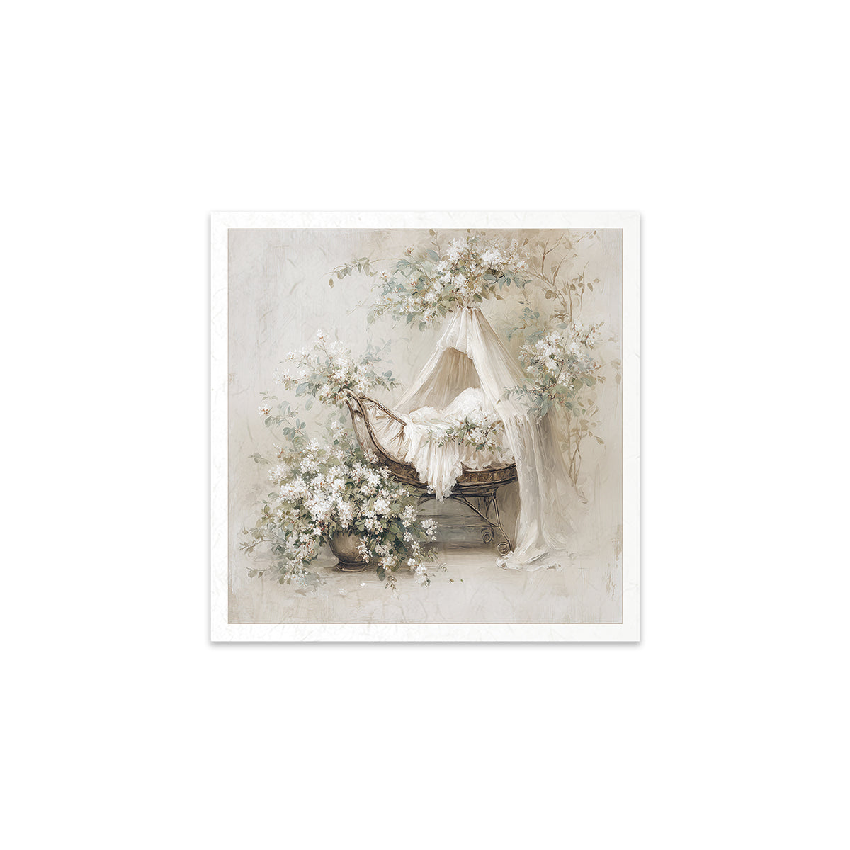 Decorative print of a room with floral arrangements and a baby bed on a white background