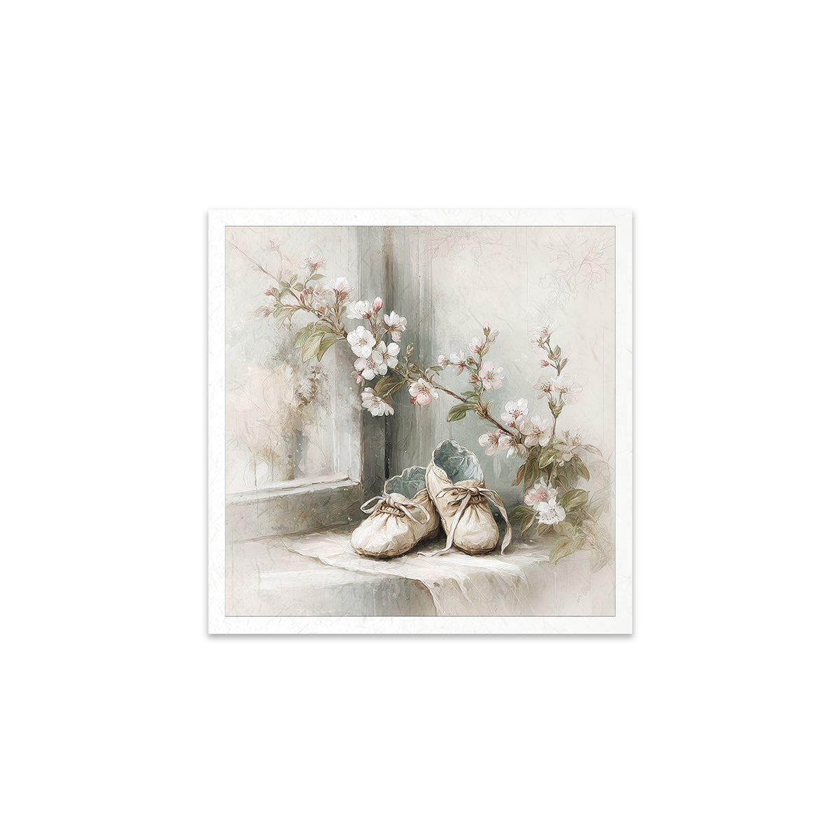 Framed artwork of ballet shoes and flowers on a white background