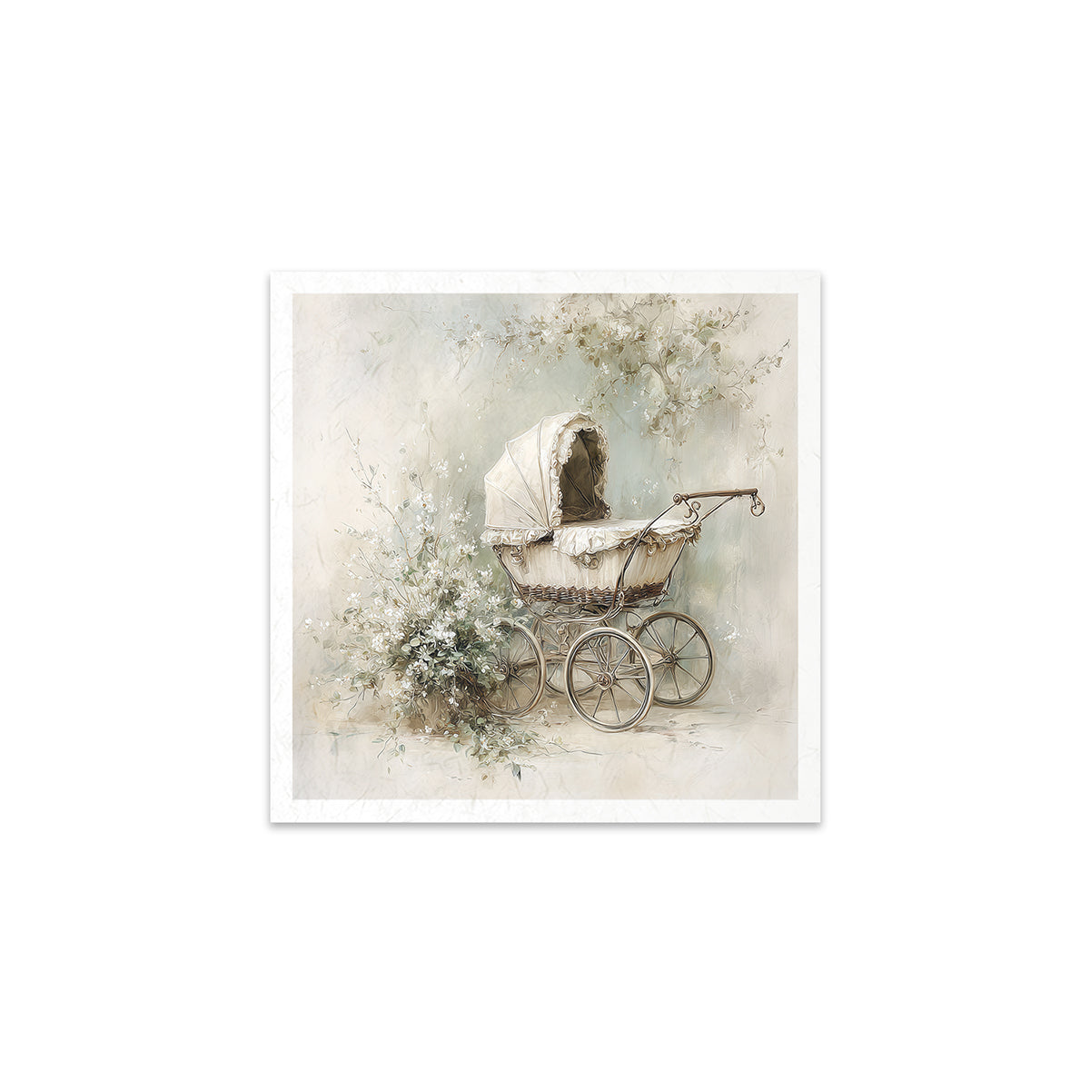 Vintage-style illustration of a baby carriage with flowers on a white background