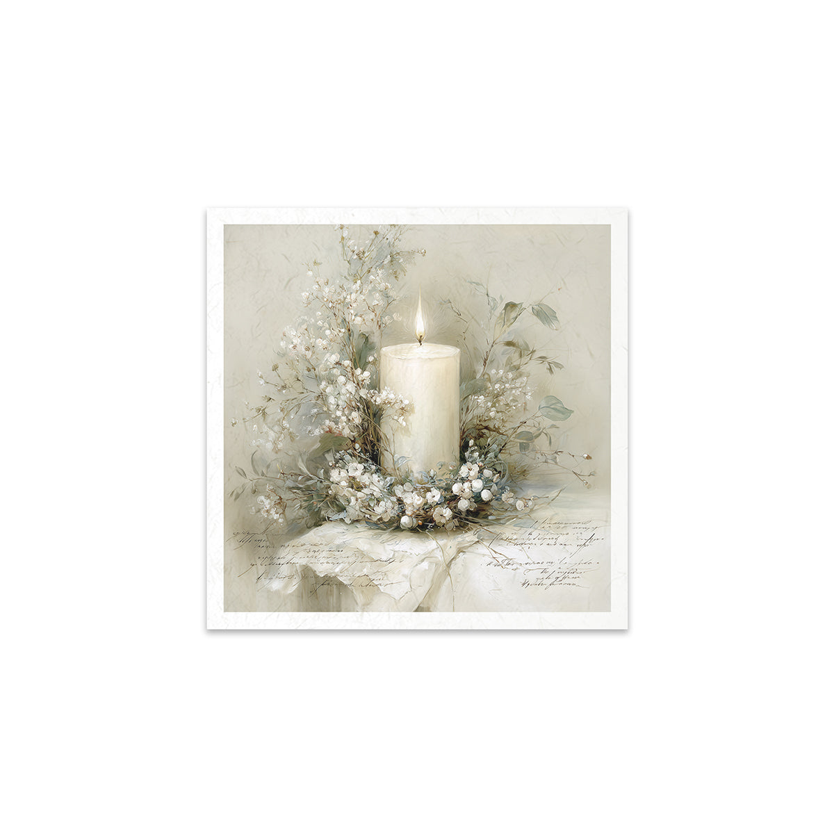 Decorative arrangement with a candle and flowers on a textured surface