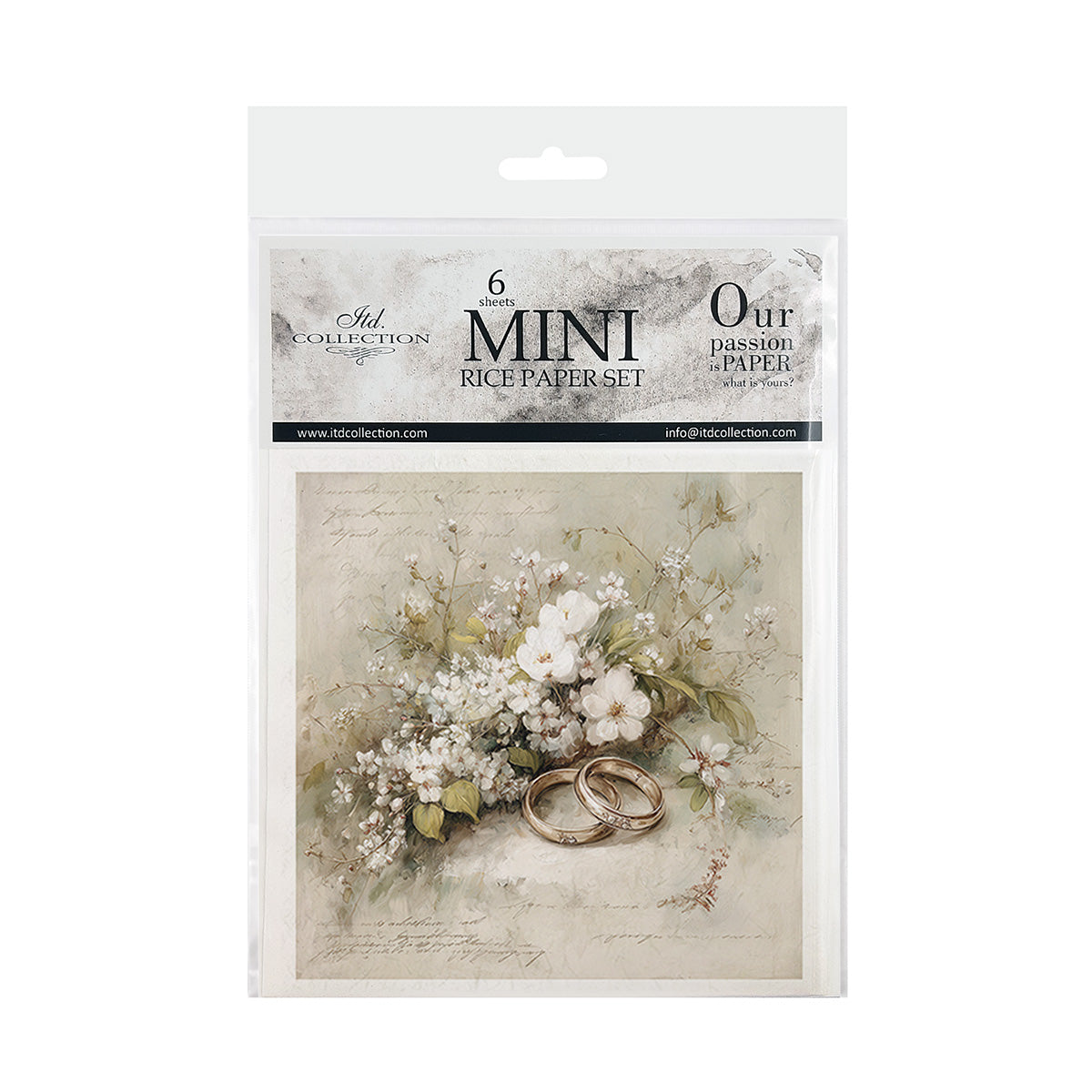 Package of mini rice paper set with floral design and rings on a white background
