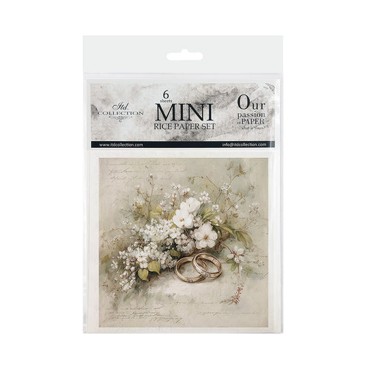 Package of mini rice paper set with floral design and rings on a white background