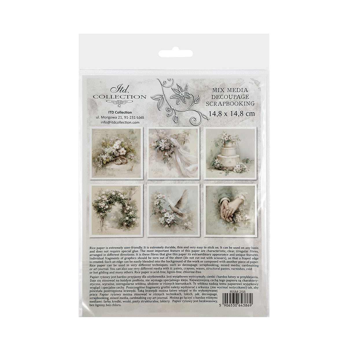 Packaging of decoupage paper with images of flowers and a cake.