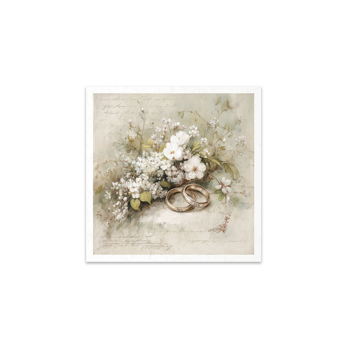 Two gold rings on a bed of white flowers with a textured beige background