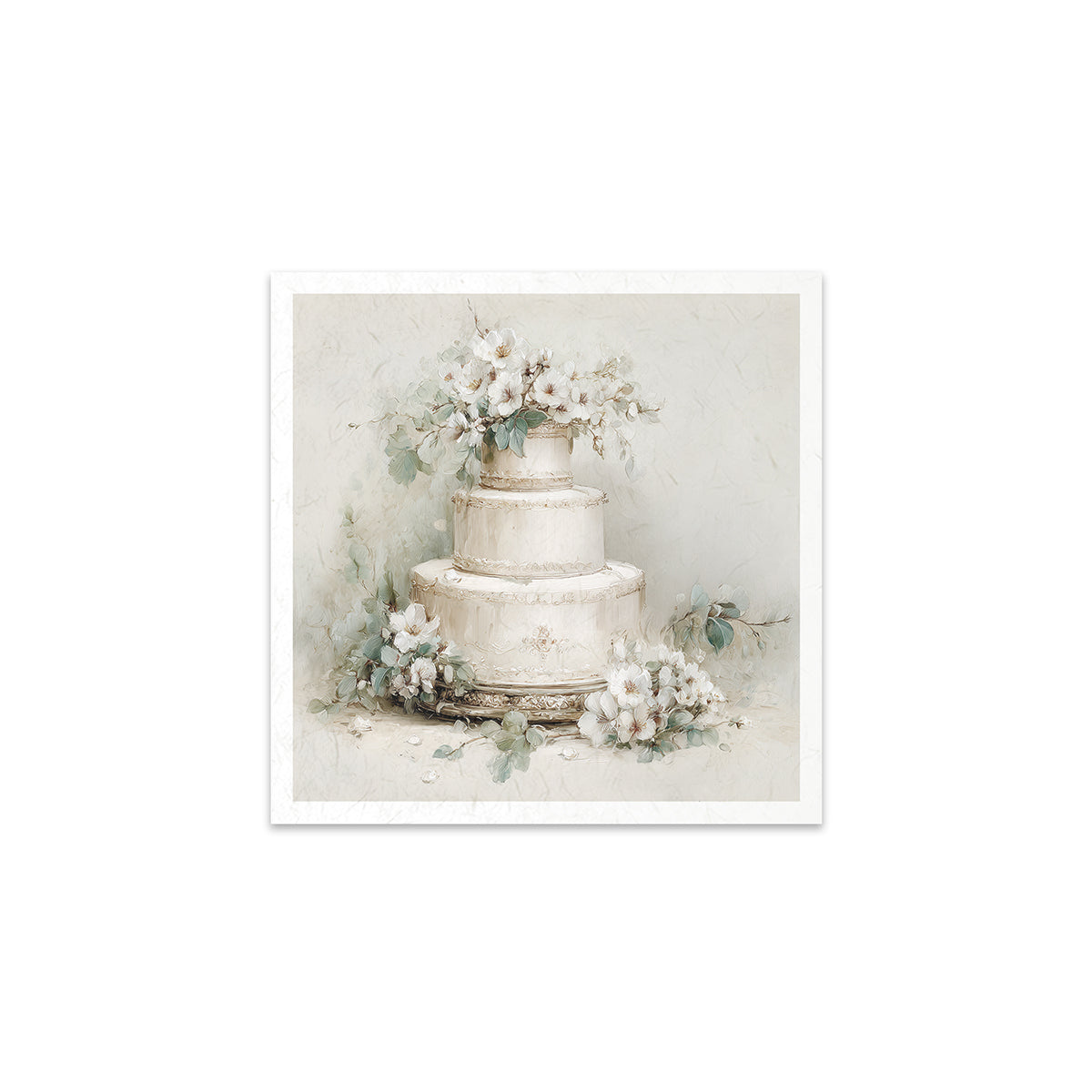 Three-tiered wedding cake with floral decorations on a light background