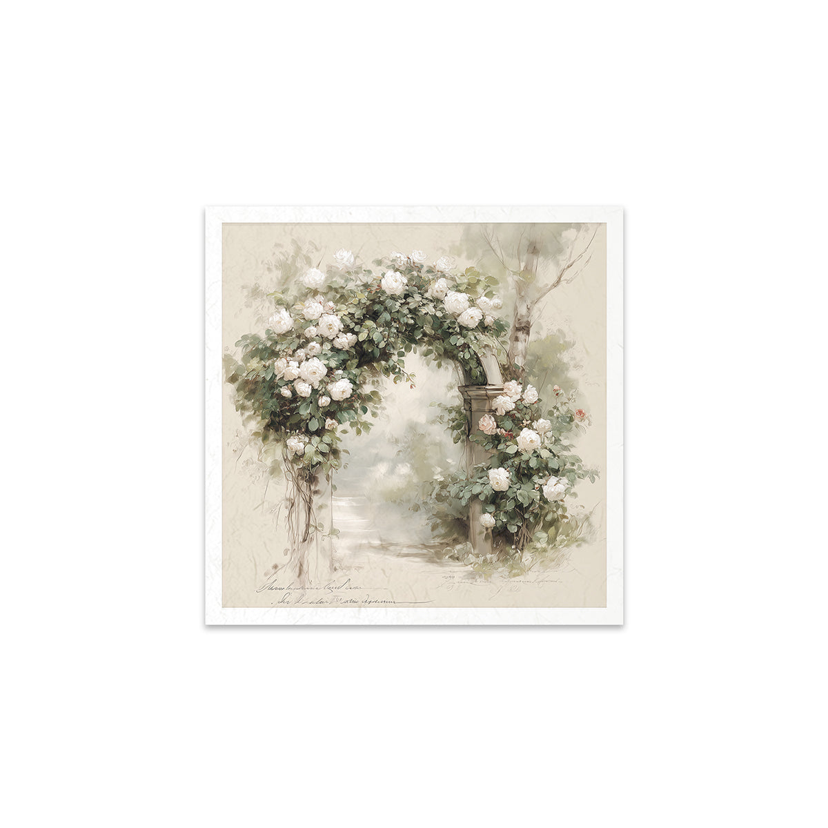 Decorative print of a floral archway with white roses on a light background