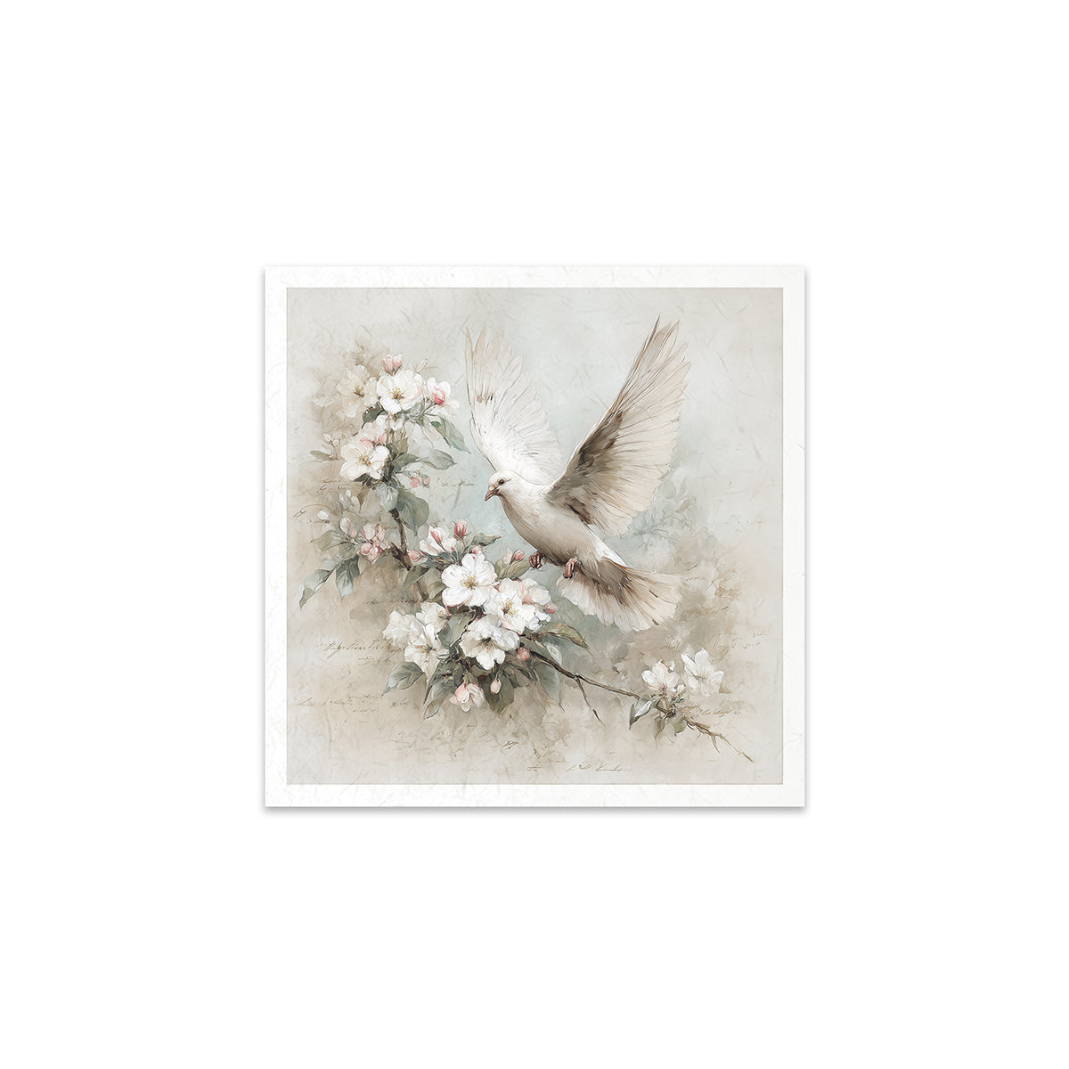 A white dove perched on branches with white flowers against a light background