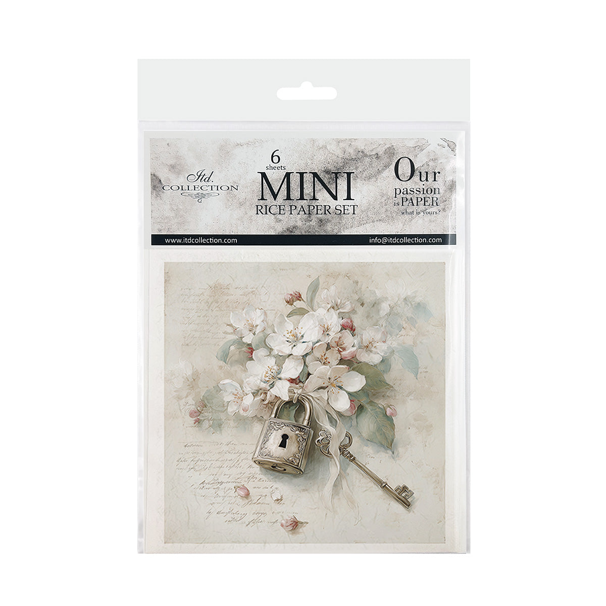 Packaging of a mini rice paper set with floral and lock design on a white background