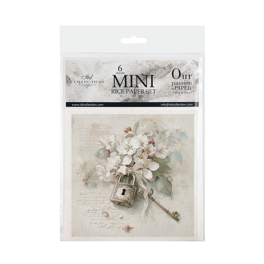 Packaging of a mini rice paper set with floral and lock design on a white background
