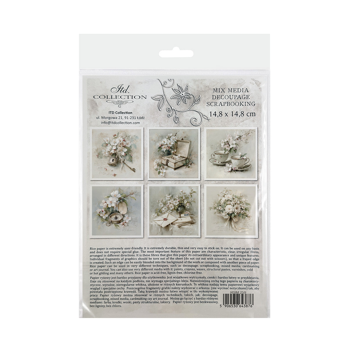 Packaging of decoupage paper with floral and decorative designs.