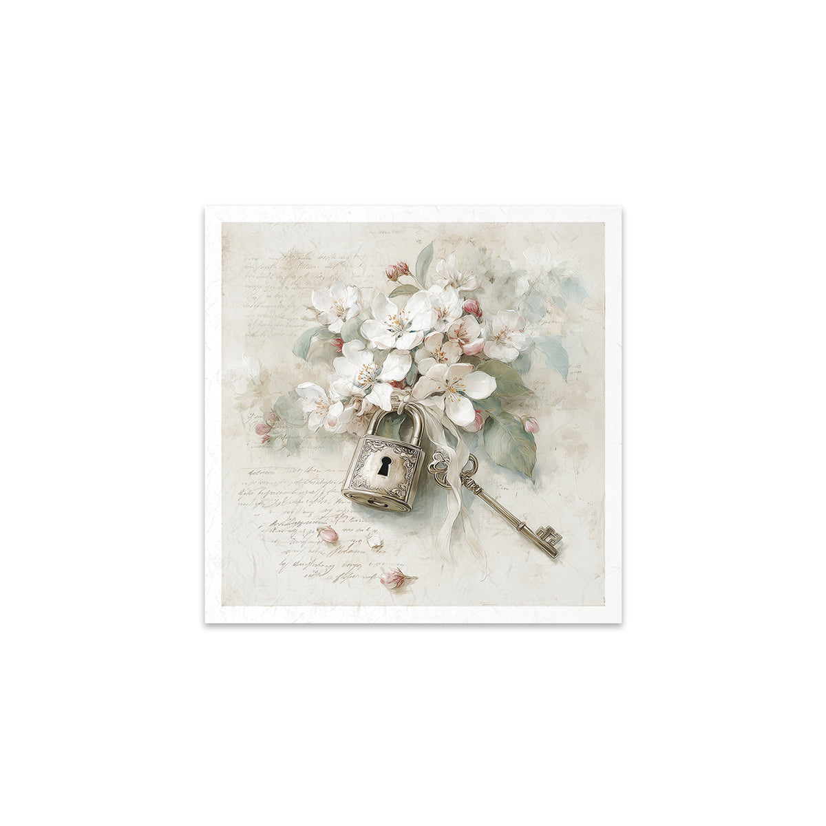 Decorative print with flowers, a lock, and a key on a textured background