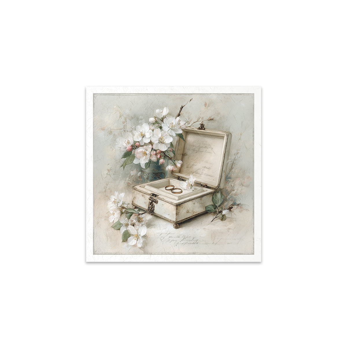 Decorative print of a jewelry box with flowers and a white background