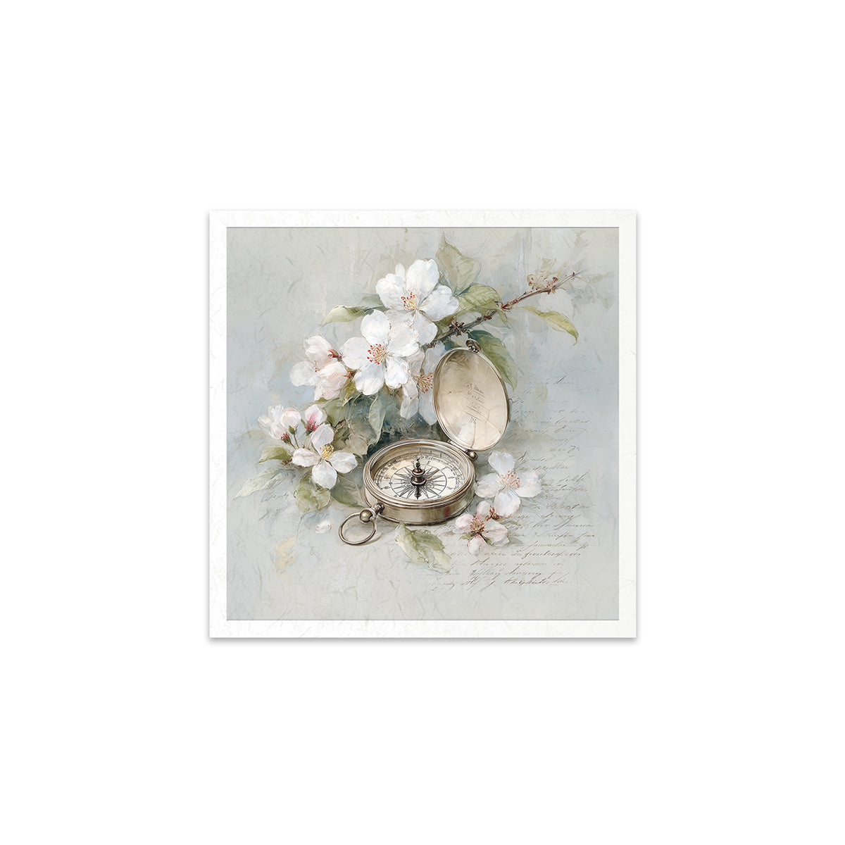 Decorative print with a compass and floral elements on a textured background