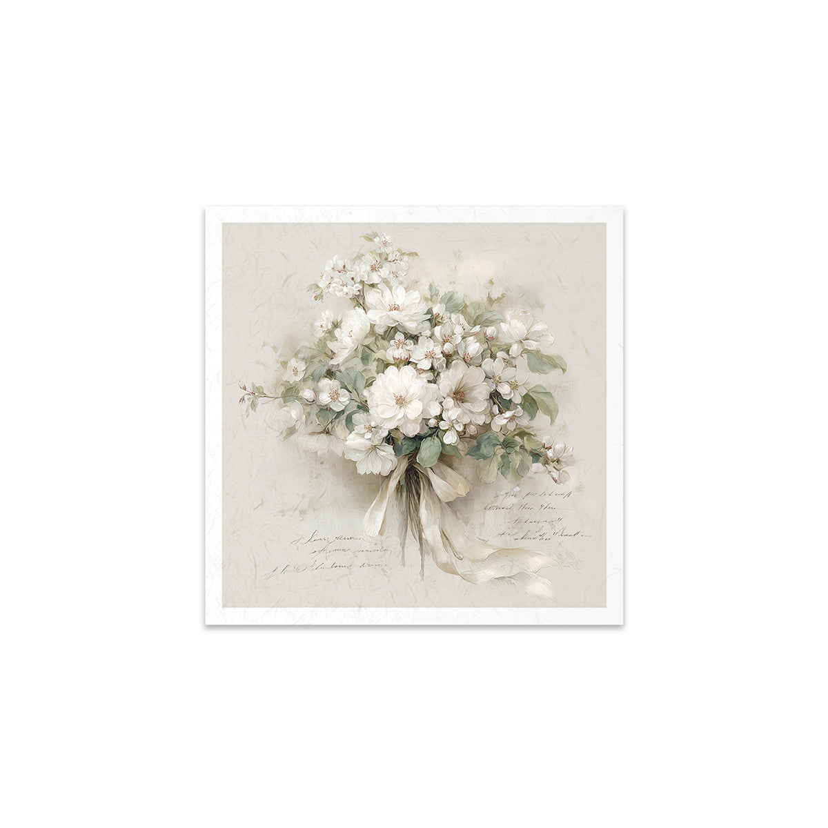A bouquet of flowers with a soft, pastel colour palette on a light background.