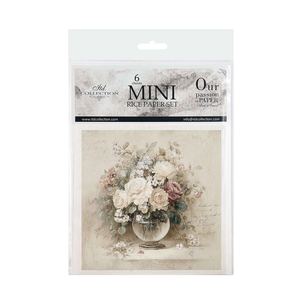 Package of mini rice paper set with floral design on a white background