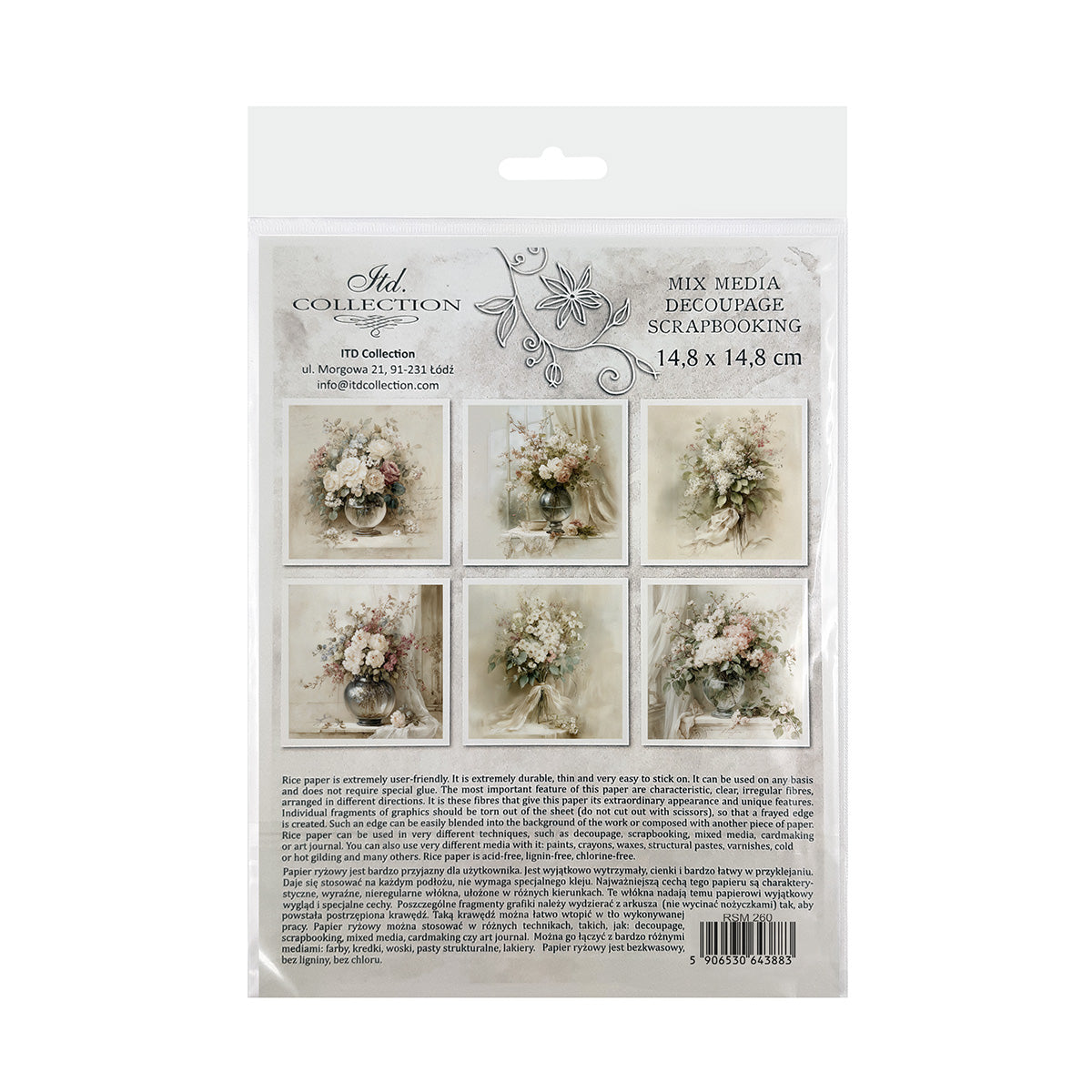 Packaging of floral decoupage sheets with a decorative design on a white background