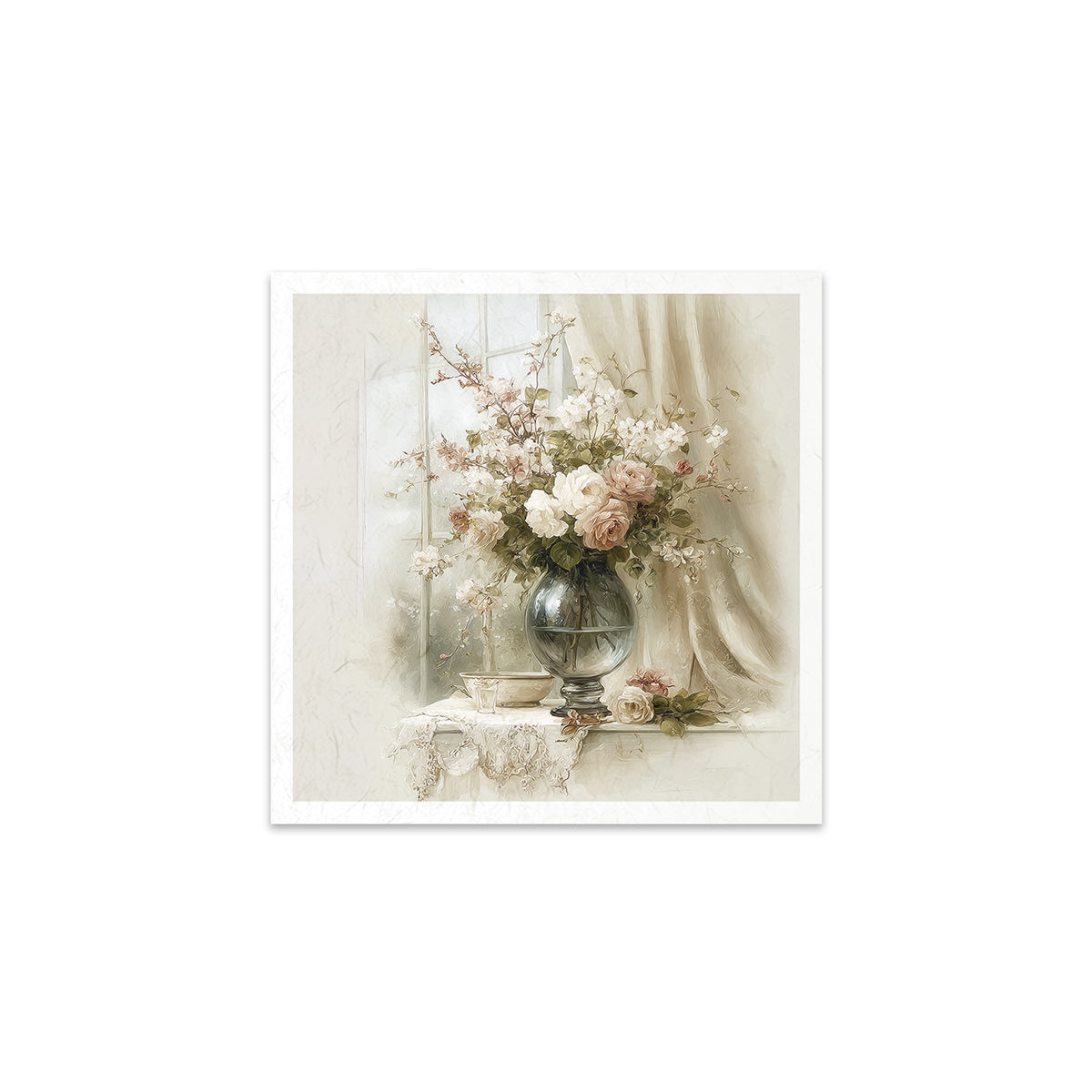 Framed artwork of a floral arrangement in a vase with a soft, blurred background