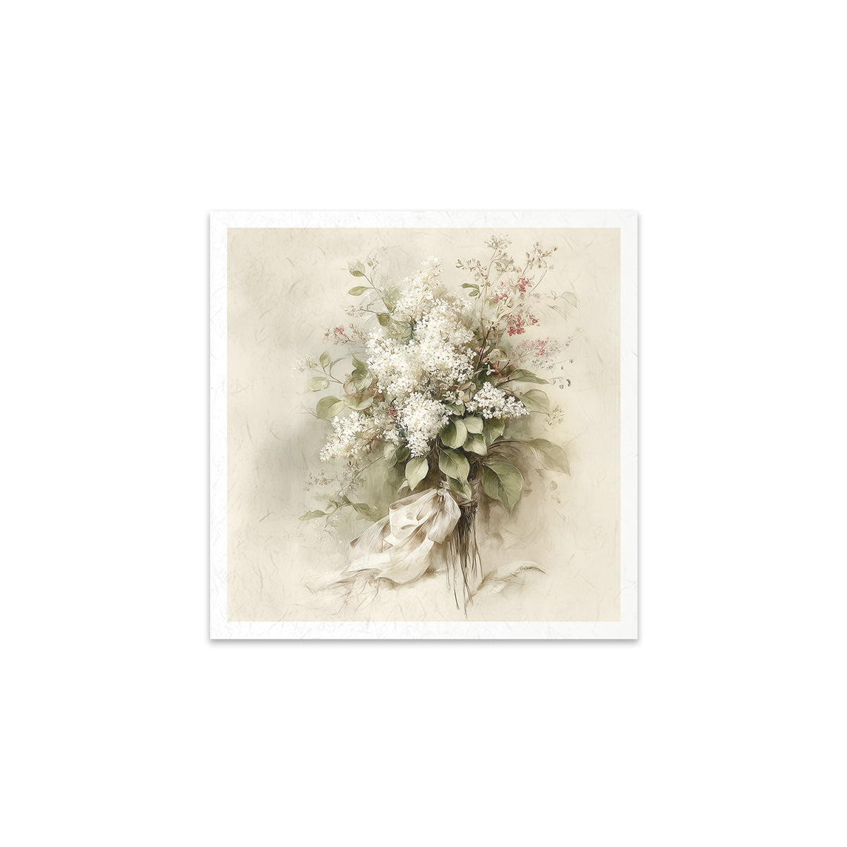Floral arrangement with white flowers and green leaves on a beige background