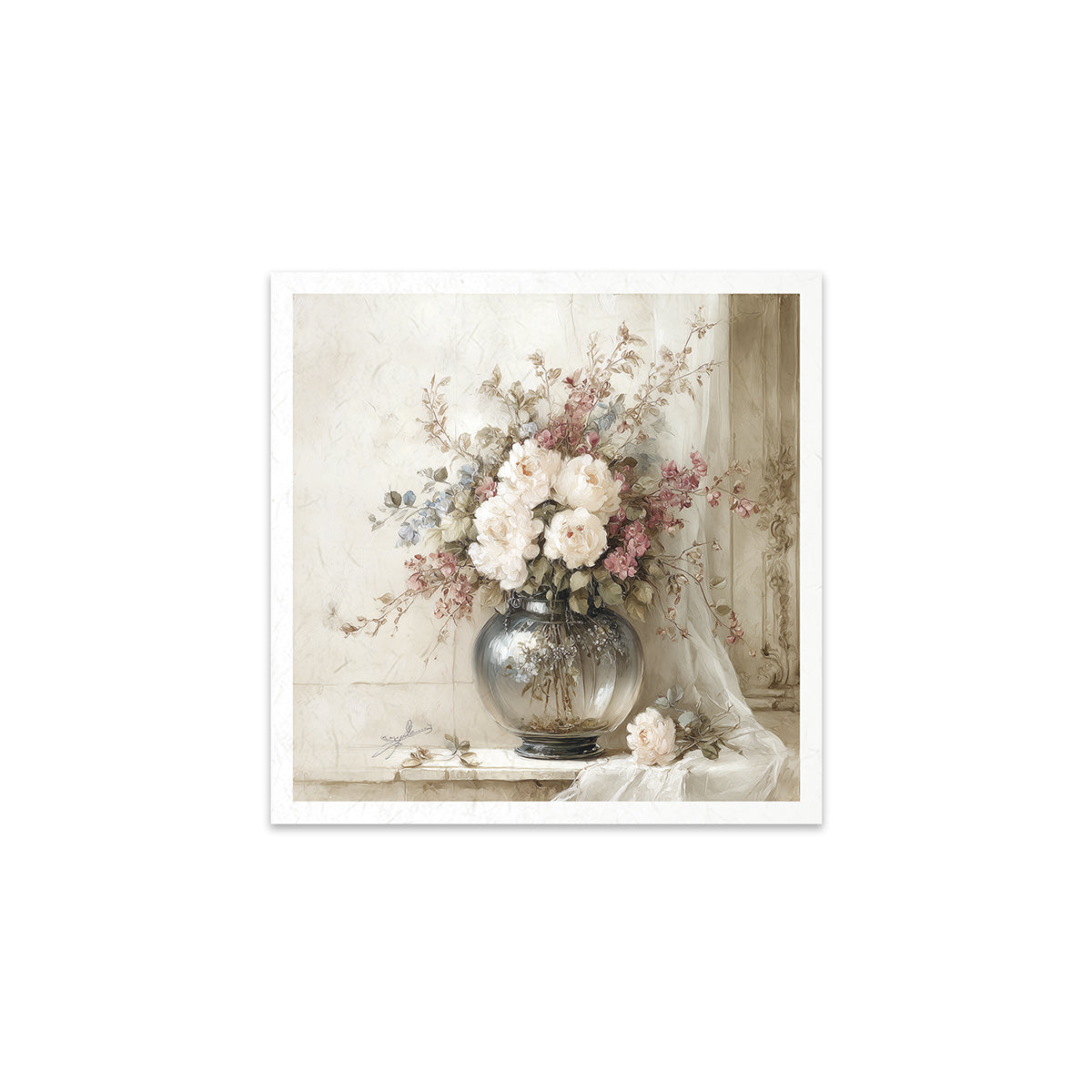 Decorative still life with flowers in a vase on a white background