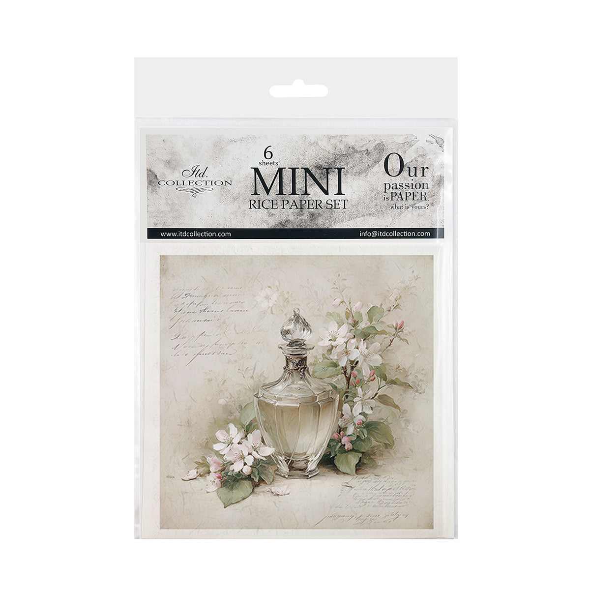 Packaging of a mini rice paper set with floral design and product details.