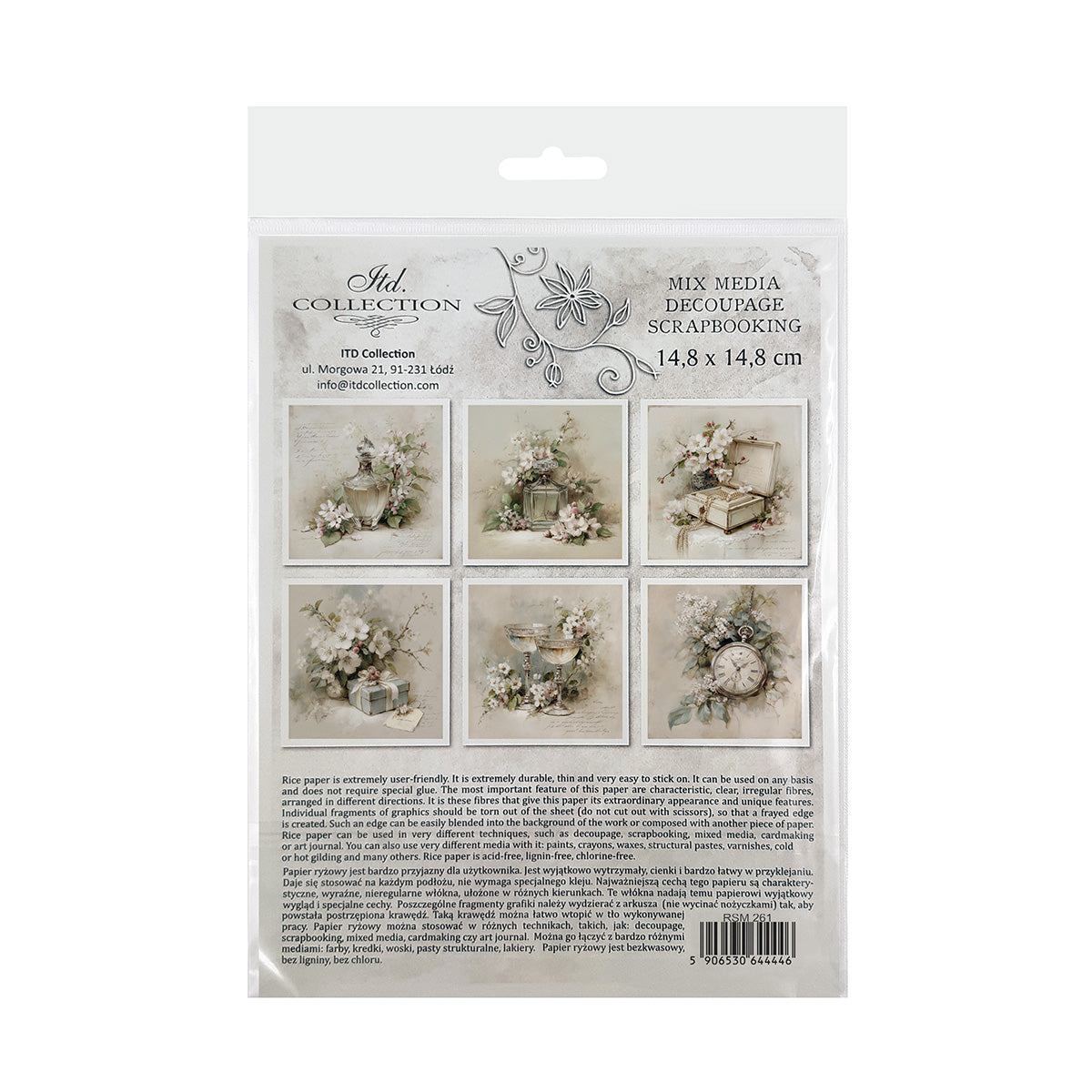 Packaging of decoupage paper with floral and nature-themed designs.