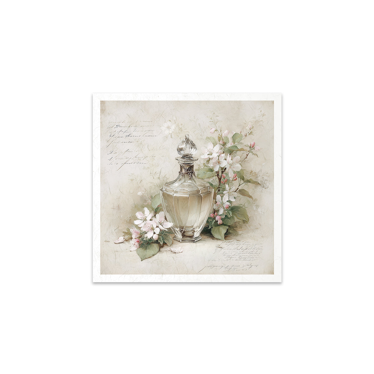 Decorative print with a glass perfume bottle and flowers on a textured background