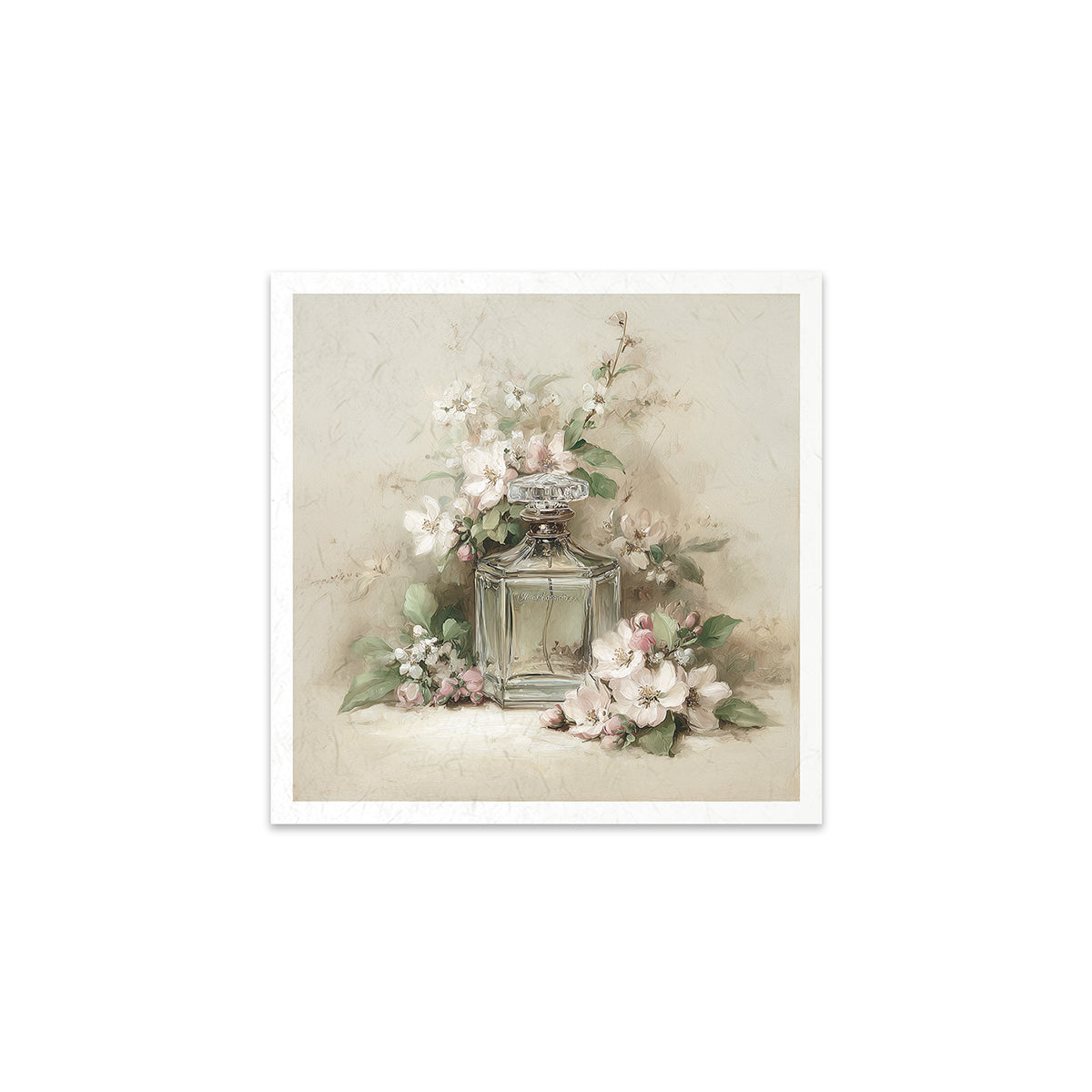 Decorative print of a glass vase with flowers on a textured beige background