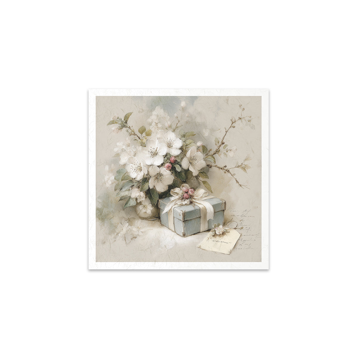 Vintage-style illustration of a gift box with flowers and a card on a beige background