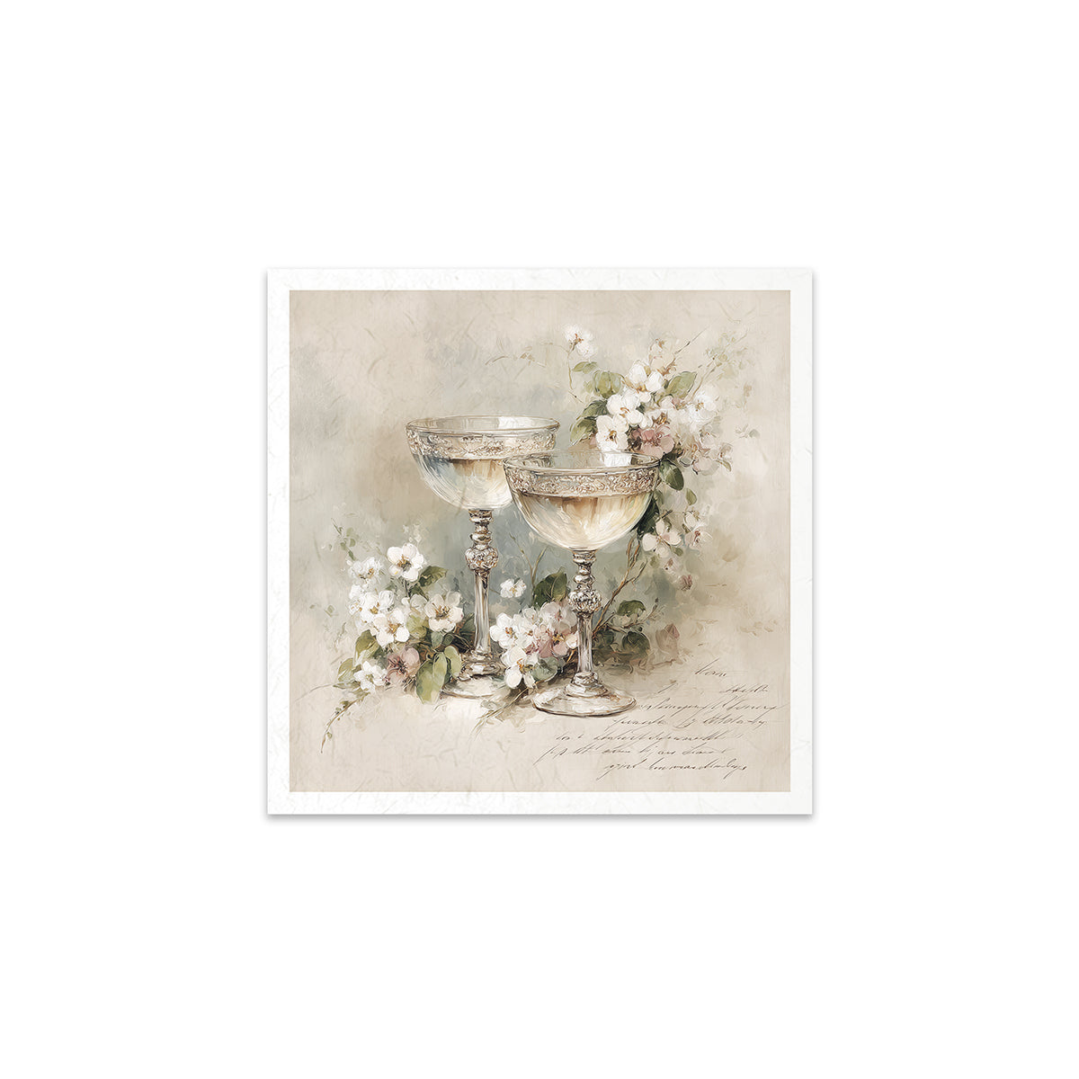 Decorative print with two glasses and flowers on a textured beige background