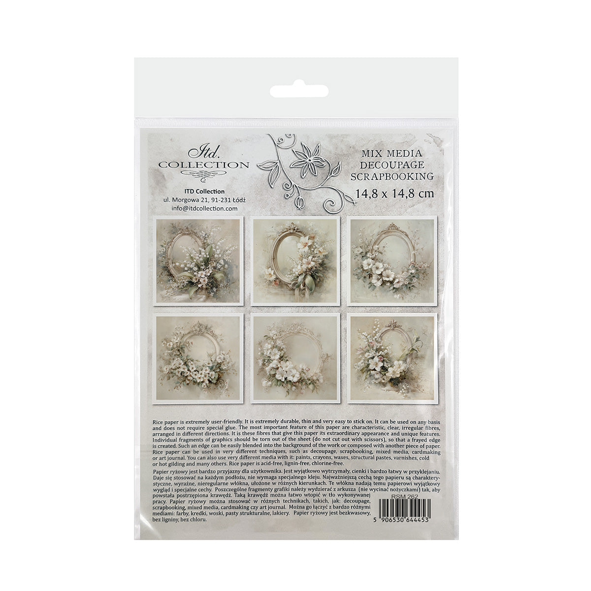 Packaging of decoupage paper with floral designs on a white background