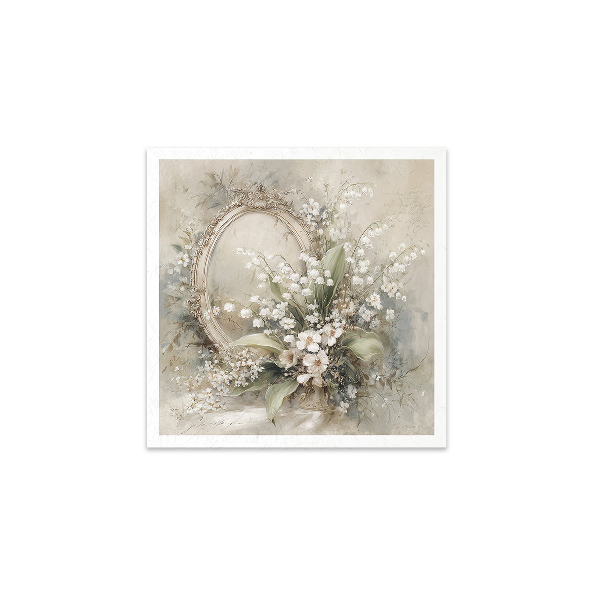 Decorative print with an oval mirror and floral arrangement on a textured background