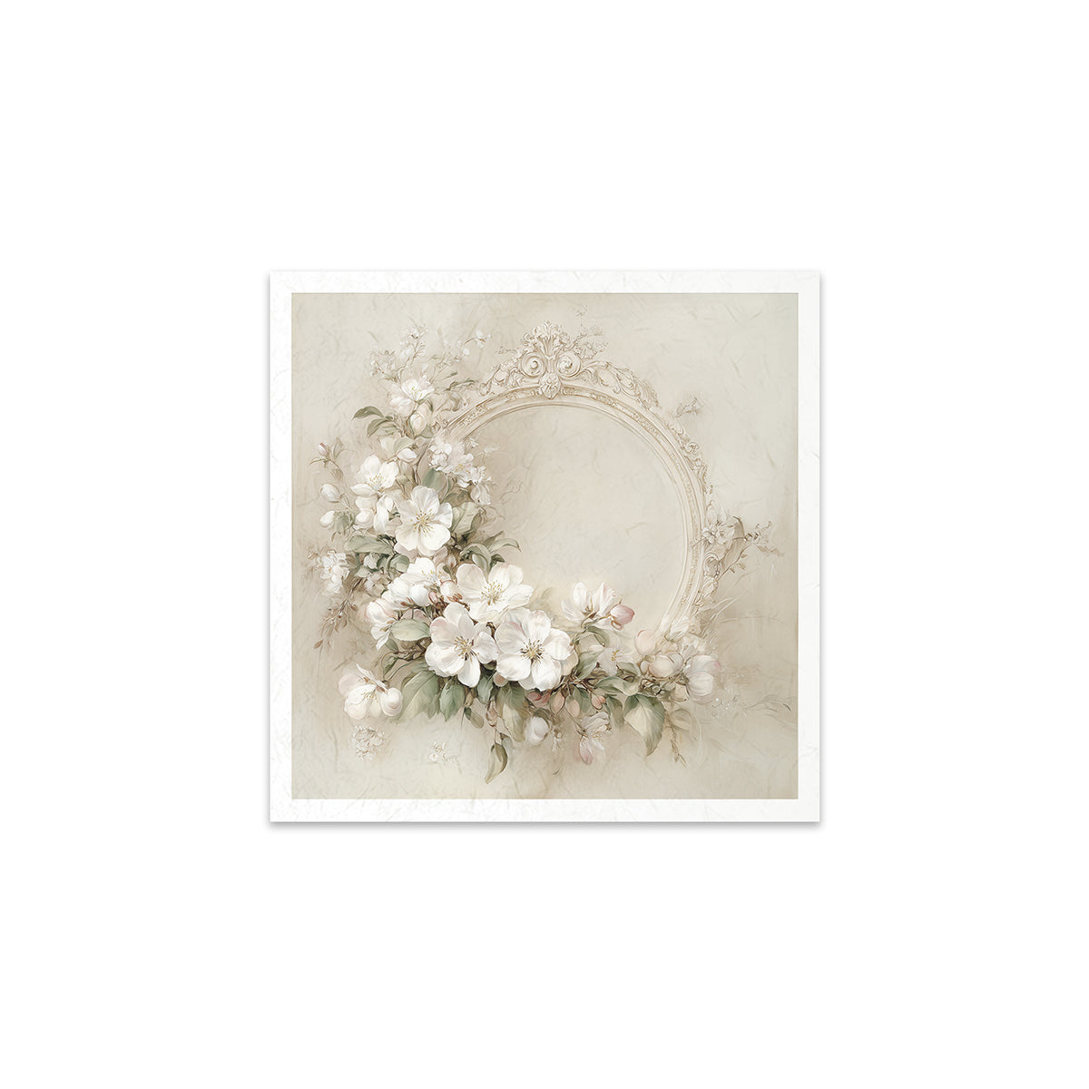 Decorative print with floral wreath and decorative frame on a beige background