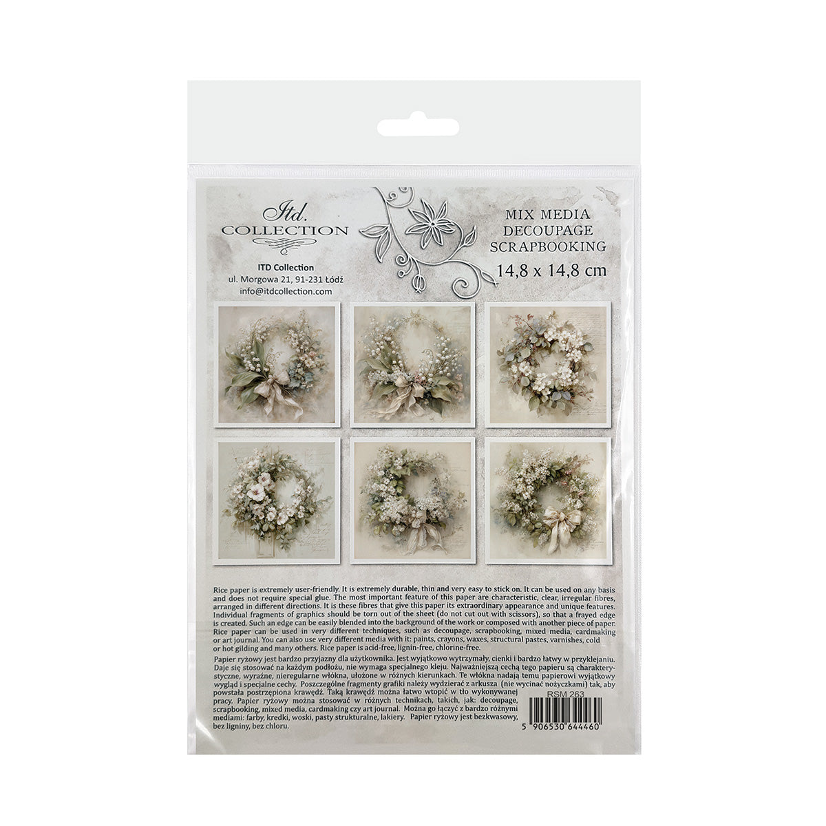Packaging of  decoupage rice paper with floral designs on a white background.