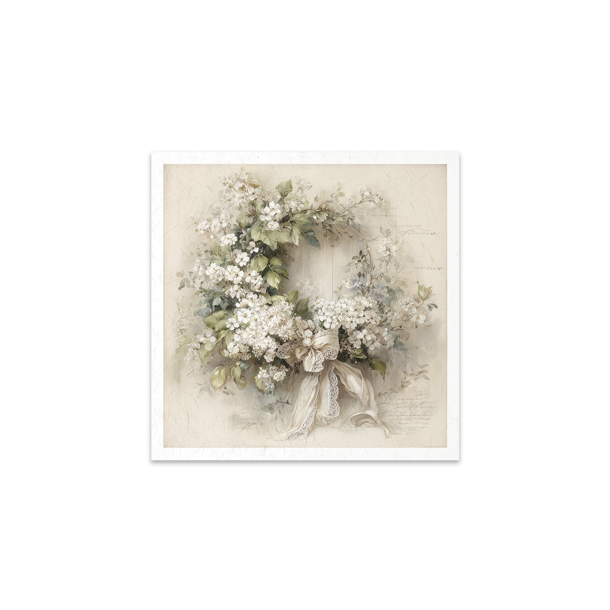 Floral wreath with white flowers and a ribbon on a light background