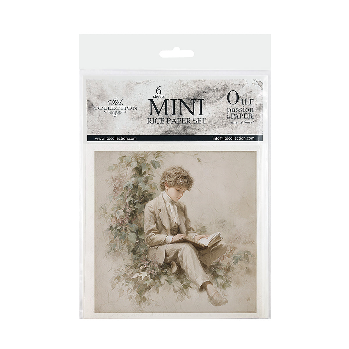 Package of mini rice paper set with illustration of a boy reading a book.