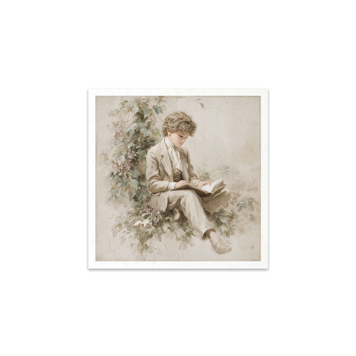 Art print of a young boy reading a book surrounded by flowers on a white background