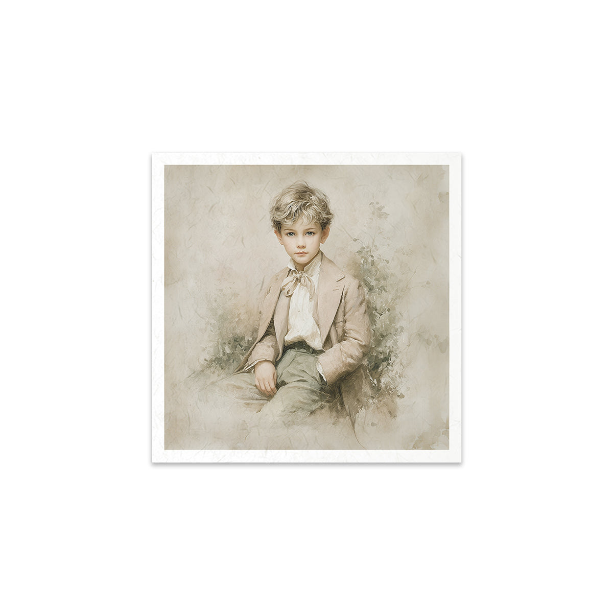 Vintage-style portrait of a young boy in formal attire on a textured beige background