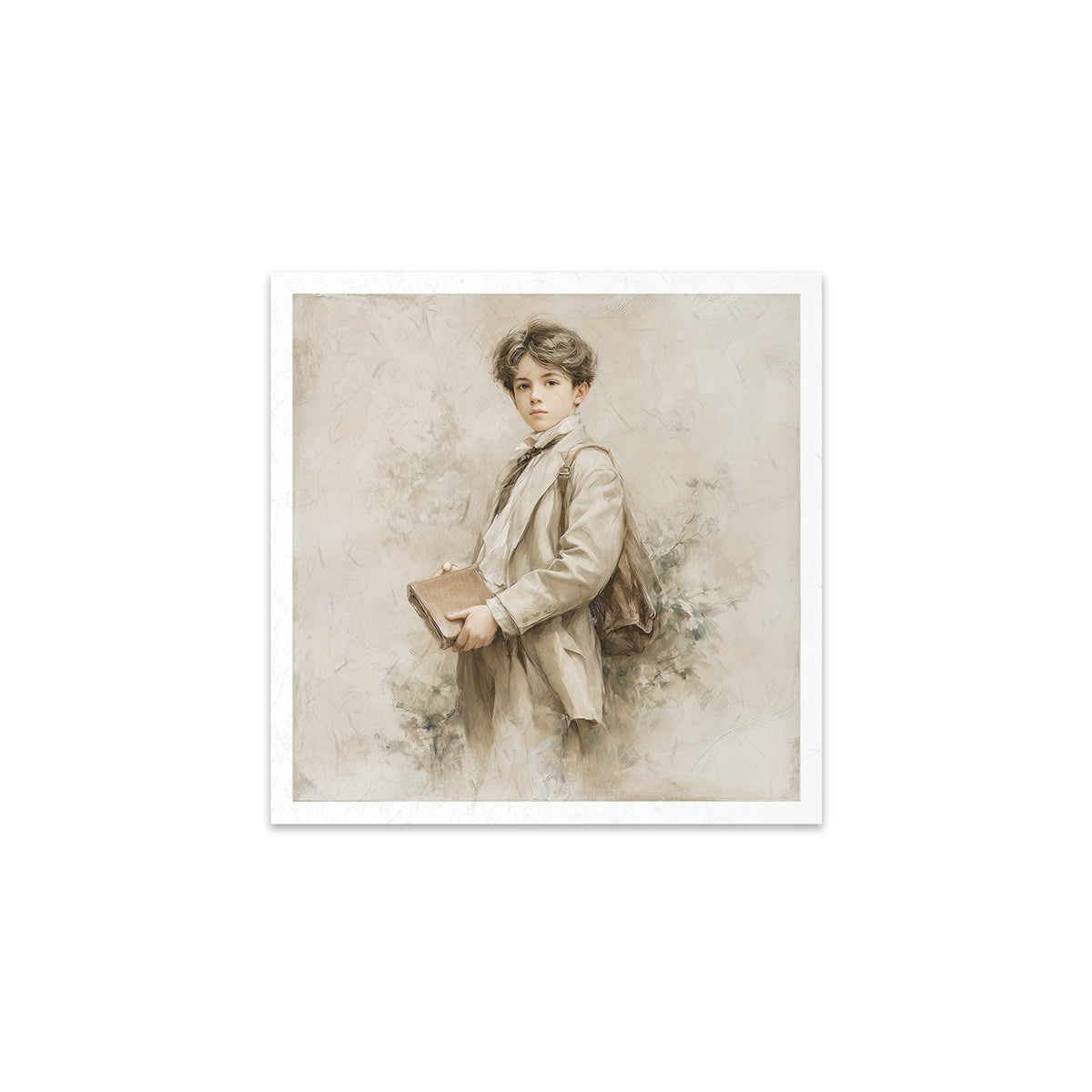 Artistic depiction of a young boy holding a book against a textured beige background