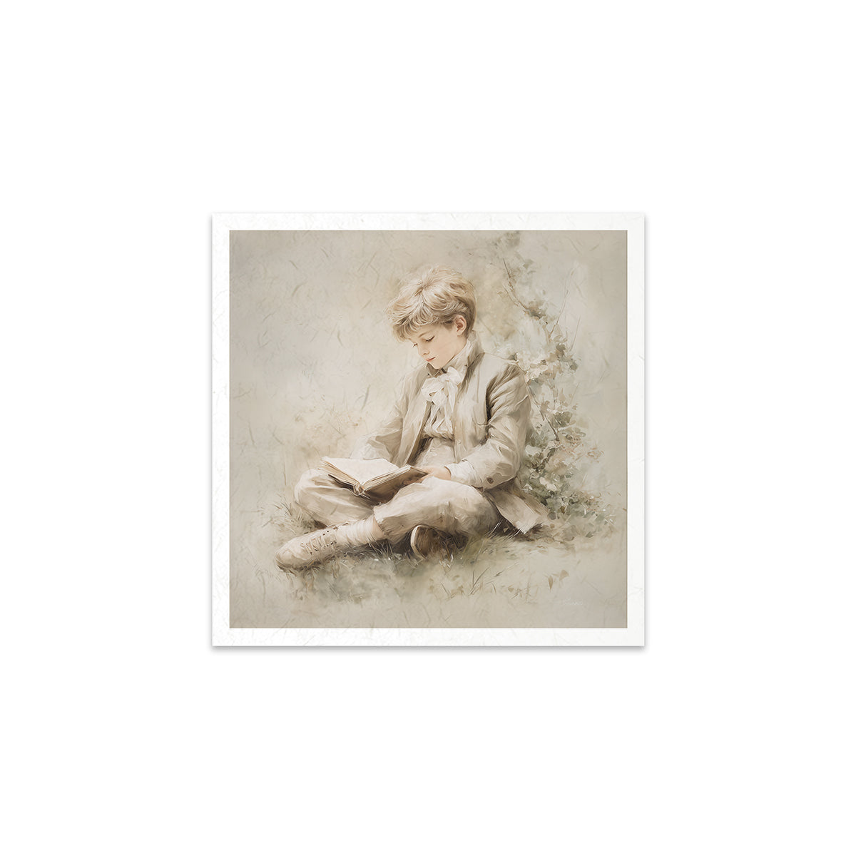 Art print of a young boy reading a book against a white background