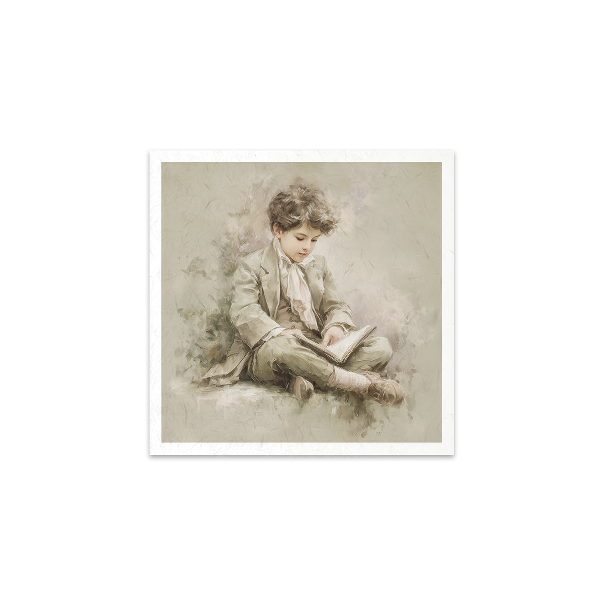 Art print of a young boy reading a book on a textured background