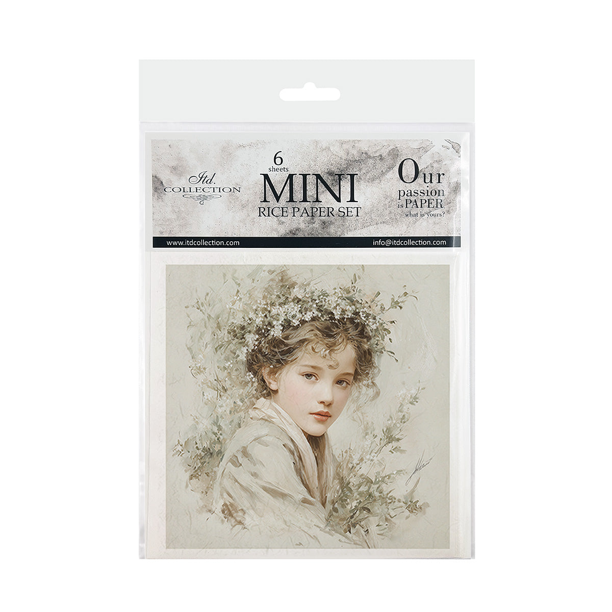 Package of mini rice paper sets with a vintage-style portrait on a white background