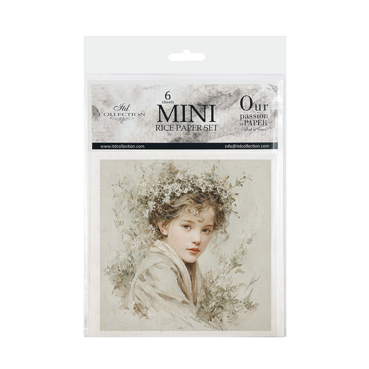 Package of mini rice paper sets with a vintage-style portrait on a white background